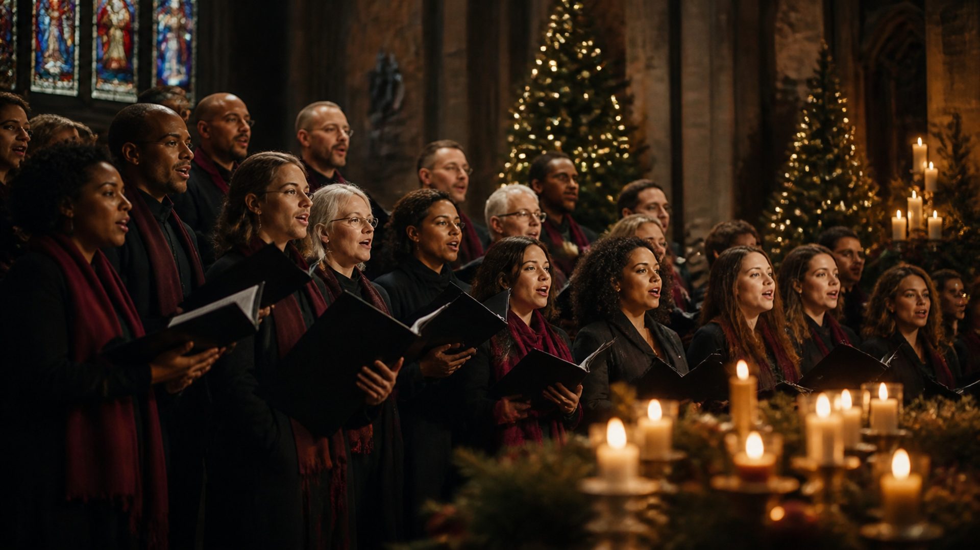 Coral cantando à luz de velas numa igreja decorada para o Natal