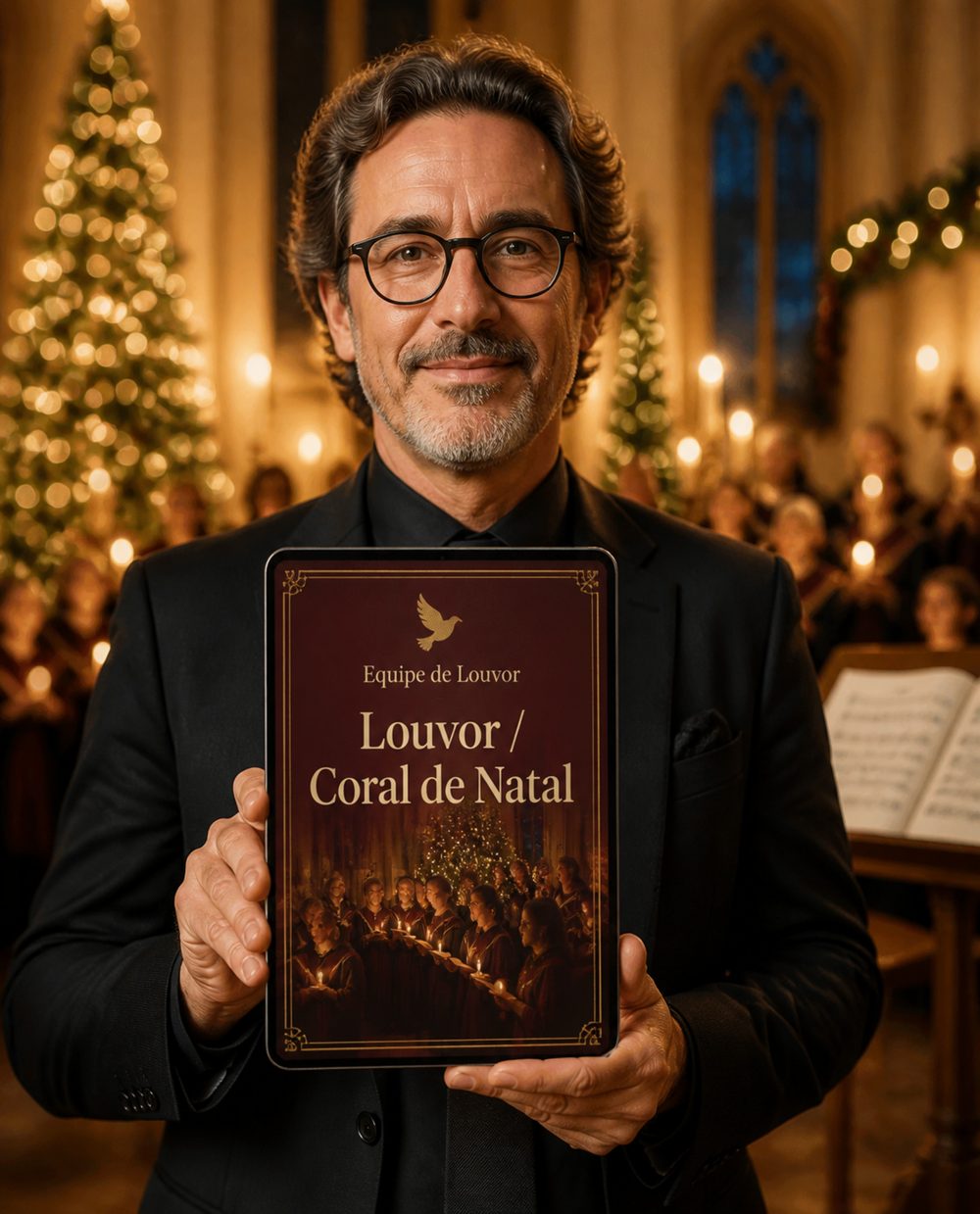 Maestro segurando o guia Equipe de Louvor / Coral de Natal
