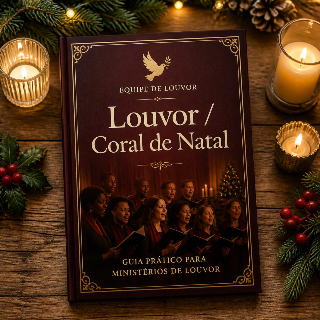 Guia Equipe de Louvor / Coral de Natal sobre uma mesa decorada para o Natal